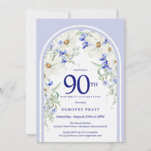 Invitation Bleu Blanc Floral Boho Arch 90e fête d'anniversair