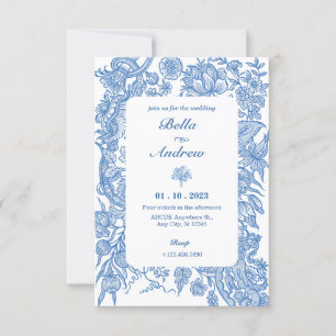 Invitation Bleu blanc floral classique mariage