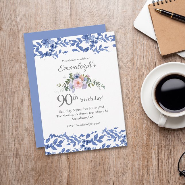 Invitation Bleu Blanc Floral Joyeux Anniversaire  (Créateur téléchargé)
