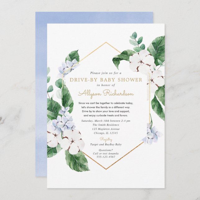 Invitation Bleu blanc floral or Drive by spring baby shower (Devant / Derrière)