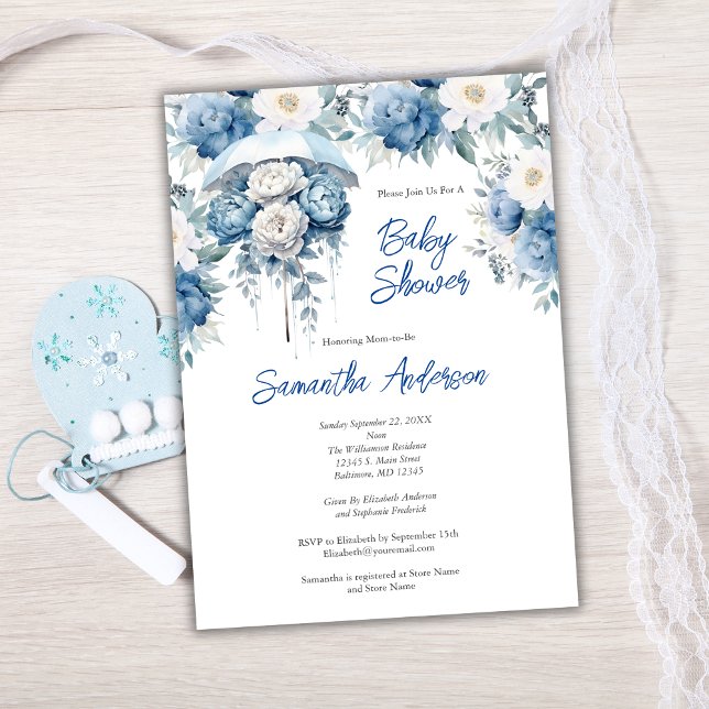 Invitation Bleu Blanc Floral Parapluie Baby shower Garçon (Dusty Blue White Floral Baby Shower Umbrella Baby Boy Baby Shower Invitation)