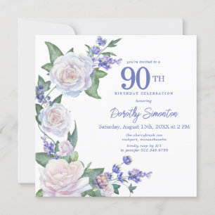 Invitation Bleu Blanc Floral photo 90e Carré d'anniversaire