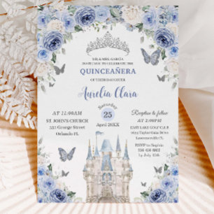 Invitation Bleu Blanc Floral Princesse Château Quinceañera XV