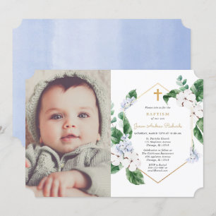 Invitation Bleu blanc floraux de printemps or garçon baptême