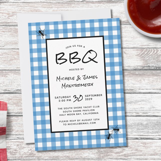 Invitation Bleu Blanc Gingham Classique Fourmis Pique-Nique F (Créateur téléchargé)