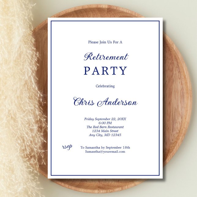 Invitation Bleu Blanc Minimal Simple Moderne Retraite Party (Blue White Minimalist Simple Retirement Party invitation for him or her, Professional Business )