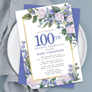Invitation Bleu Blanc Or Floral 100e anniversaire