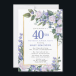 Invitation Bleu Blanc Or Floral 40e Anniversaire Dîner<br><div class="desc">Faites honneur à une femme spéciale grâce à cette invitation élégante et féminine du dîner du 40e anniversaire. La 40ème est écrite en gros texte bleu. La célébration d'anniversaire suit. Le nom de l'invité honoré est également en lettres majuscules bleues. Le reste du texte est doucement gris colombe. Les détails...</div>