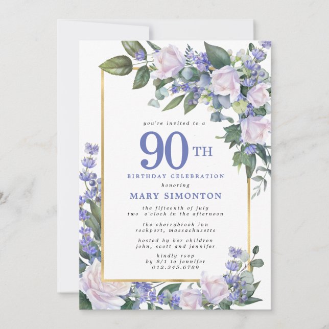 Invitation Bleu blanc or floral photo 90e anniversaire (Devant)