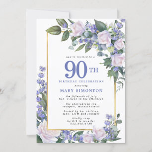 Invitation Bleu blanc or floral photo 90e anniversaire