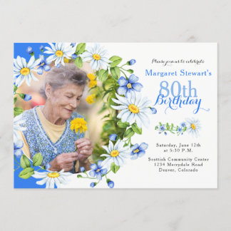 Invitation Bleu Blanc Pays Daisy Photo 80e anniversaire