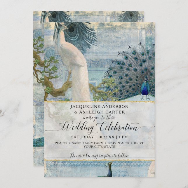 Invitation Bleu blanc Peacock Élégant Vintage Script Monogram (Devant / Derrière)