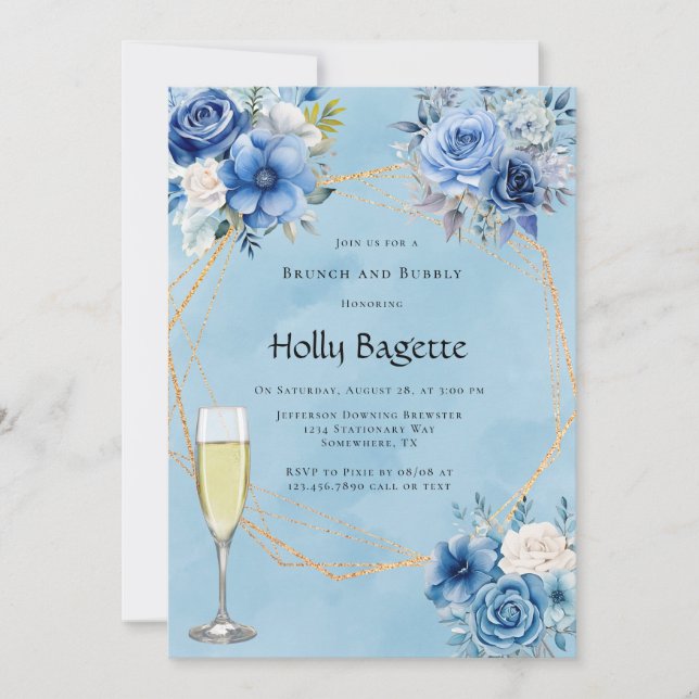 Invitation Bleu blanc Peony Rose Brunch et Bubbly (Devant)