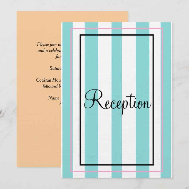 Invitation Bleu Blanc Rose Beige Monogramme Rayures Réception (Devant / Derrière)