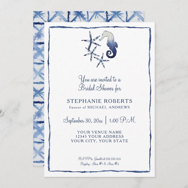 Invitation Bleu blanc Shibori Seahorse Starfish Beach Bride (Devant / Derrière)