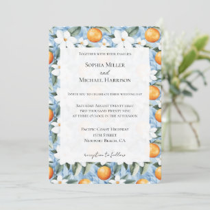 Invitation Bleu Blanc Sicilien Été Floral Oranges Mariage