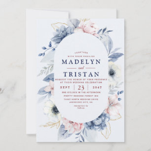 Invitation Bleu blanc Simple Floral Minimaliste photo Mariage