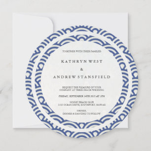 Invitation Bleu + Blanc Stylisé Vagues Elégante Plage Mariage