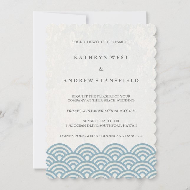 Invitation Bleu + Blanc Stylisé Vagues Elégante Plage Mariage (Devant)