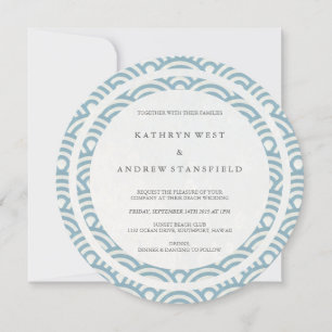 Invitation Bleu + Blanc Stylisé Vagues Elégante Plage Mariage