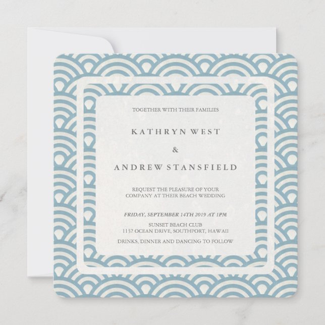 Invitation Bleu + Blanc Stylisé Vagues Moderne Plage Mariage (Devant)