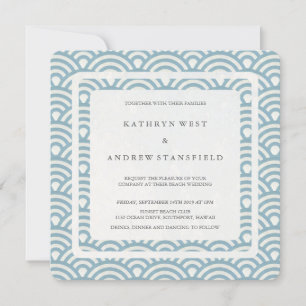 Invitation Bleu + Blanc Stylisé Vagues Moderne Plage Mariage