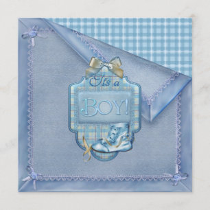Invitation Bleu blanc Vintage Bootie Plaid Bleu Brown bébé