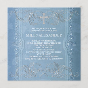 Invitation Bleu Blancs Élégant Bébé Garçon Christening