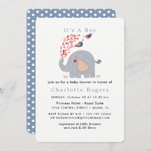 Invitation Bleu bleu Alphabet Rouge Eléphant Bébé Garçon Douc
