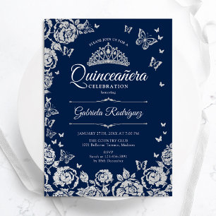 Invitation Bleu bleu Argent Rose papillons Quinceanera