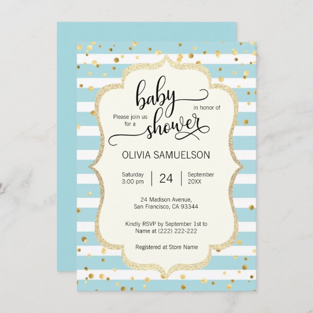 Invitation Bleu Bleu Blancs Or Baby shower GARY (Devant / Derrière)