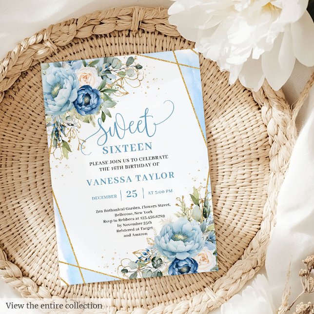 Invitation Bleu bleu bleu azur éblouissant Floral Sweet 16 In (Dazzling Dusty Blue White Floral Sweet 16 Invitation)