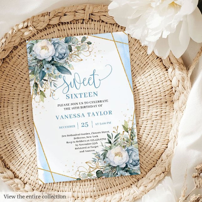 Invitation Bleu bleu clair classique floral doux 16 invitatio (Classic dusty blue white floral sweet 16 invitation

)