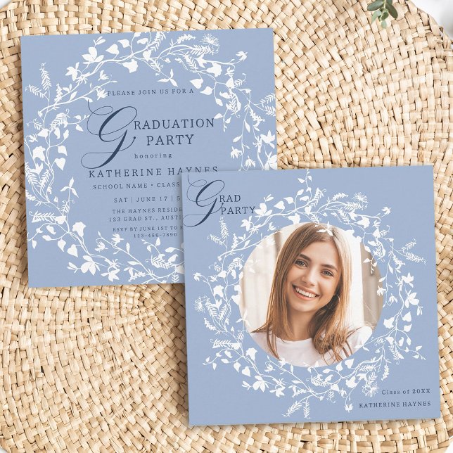 Invitation Bleu Bleu Fleur sauvage Wreath Graduation (Front & Back)