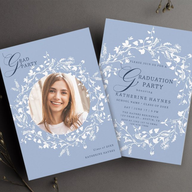 Invitation Bleu Bleu Fleur sauvage Wreath Graduation (Front & Back)