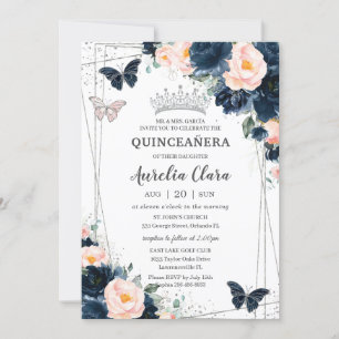 Invitation Bleu bleu Floral Papillons Quinceañera