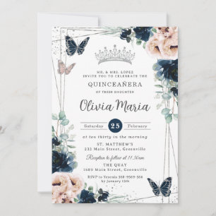 Invitation Bleu bleu marine Papillons floraux Quinceañera