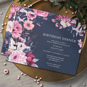 Invitation Bleu bleu marine rose   Chic Floral Dîner d'annive