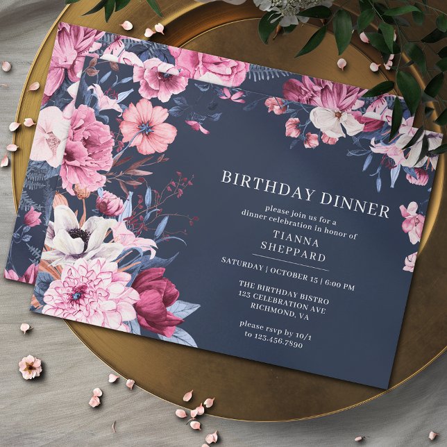 Invitation Bleu bleu marine rose | Chic Floral Dîner d'annive (Créateur téléchargé)