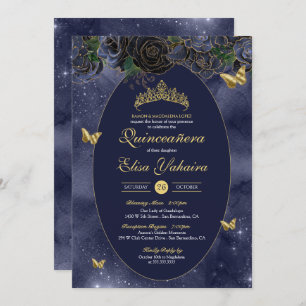 Invitation Bleu bleu or papillon de luxe Quinceanera