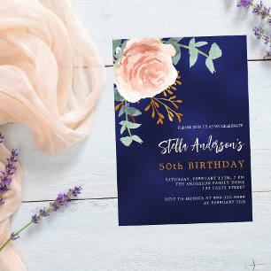 Invitation Bleu bleu rose or vert fleurie anniversaire