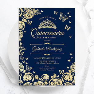 Invitation Bleu bleu Rose papillons Quinceanera