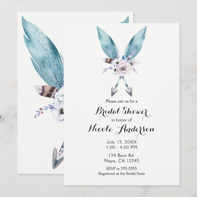 Invitation Bleu Boho Bohème Flèches Plume Floral Fête (Devant / Derrière)
