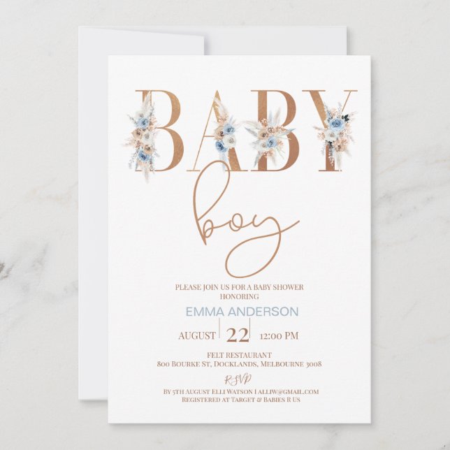 Invitation Bleu Boho Floral Mot Baby shower bébé garçon (Devant)