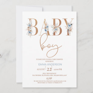 Invitation Bleu Boho Floral Mot Baby shower bébé garçon