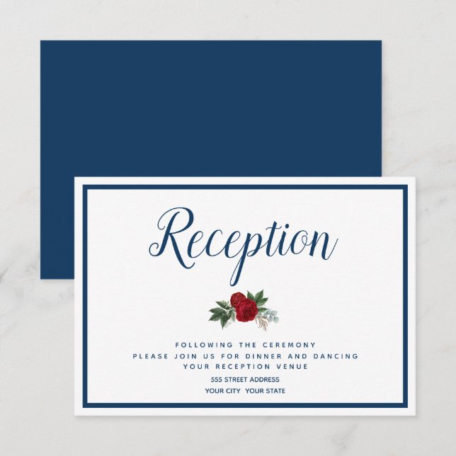 Invitation Bleu Bordure Crimson Aquarelle Peonies Réception (Devant / Derrière)