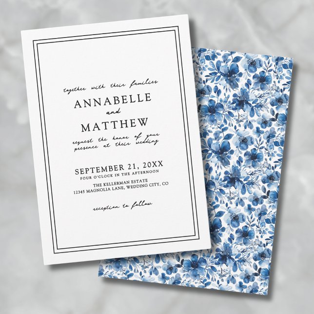 Invitation Bleu Botanique Classique Élégant Floral Mariage (Blue Botanical Classic Elegant Floral Wedding Invitation)