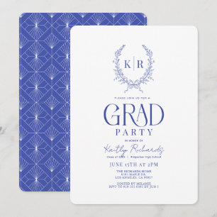 Invitation Bleu Botanique Crest Monogramme Graduation