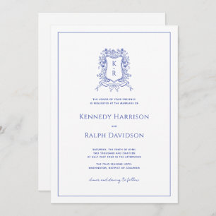 Invitation Bleu Botanique Crest & Ribbon Mariage élégant