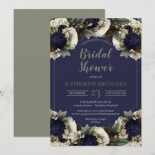 Invitation Bleu botanique d'hiver  Fête de l'mariée blanche d